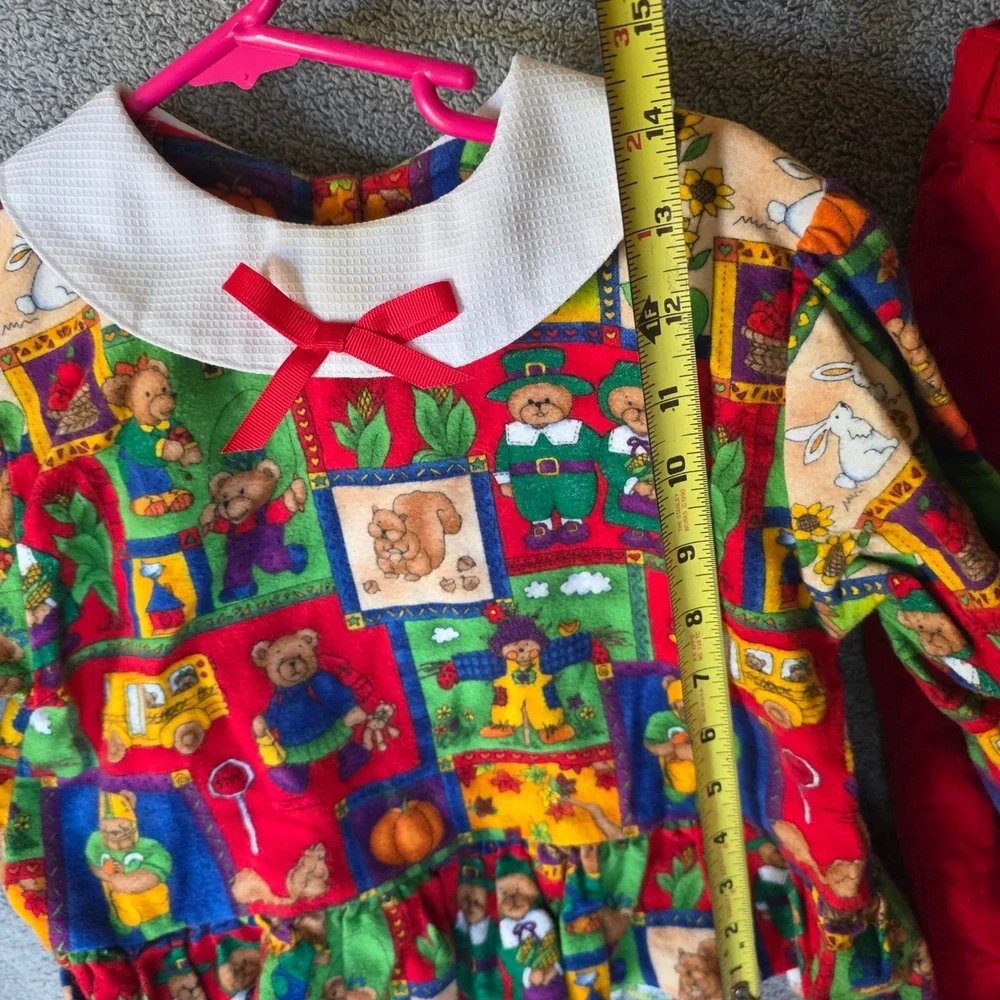 Vintage Kids Teddy Bear Novelty Print Peplum Top and Red Pants Set Multi Color